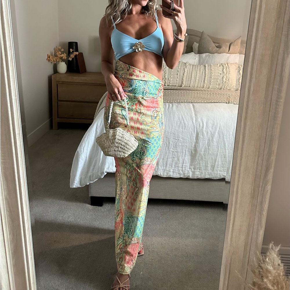 Abstract Contrast Pattern Cut Out Slip Sleeveless Maxi Dress